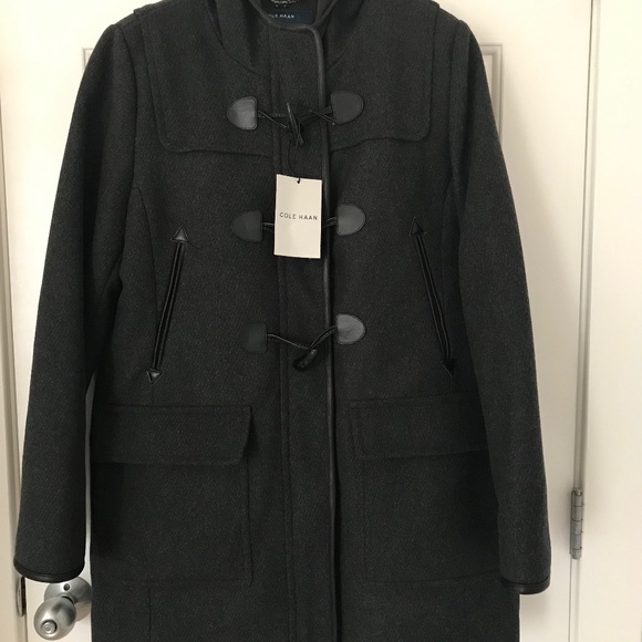 New Cole Haan SZ 14 Charcoal Wool Duffle Coat with Hood and Leather Trims - Picture 1 of 4